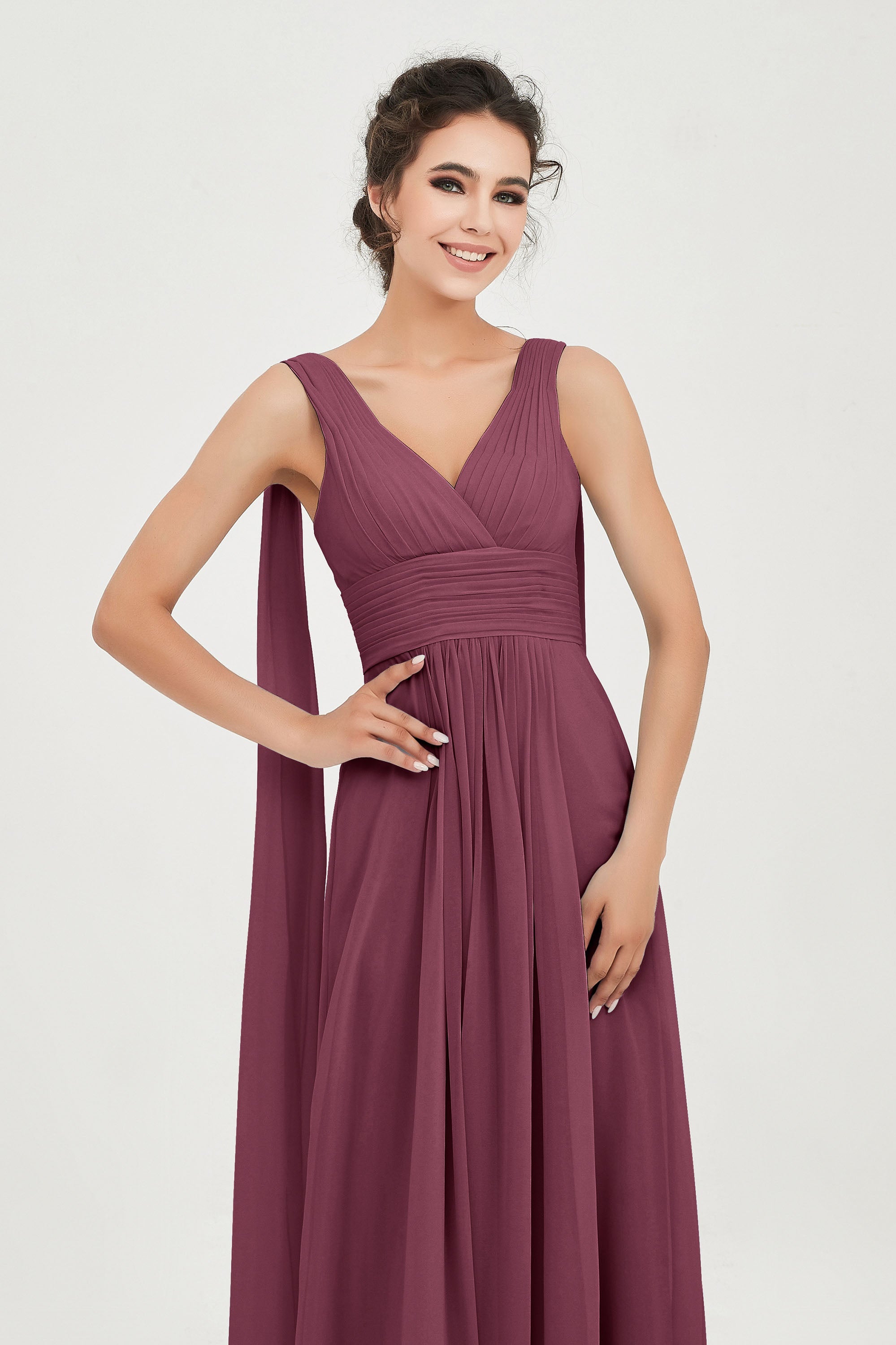 V Neck Chiffon Bridesmaid Dresses Pleated Ruched A Line Formal Evening Dress Gowns