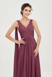 V Neck Chiffon Bridesmaid Dresses Pleated Ruched A Line Formal Evening Dress Gowns