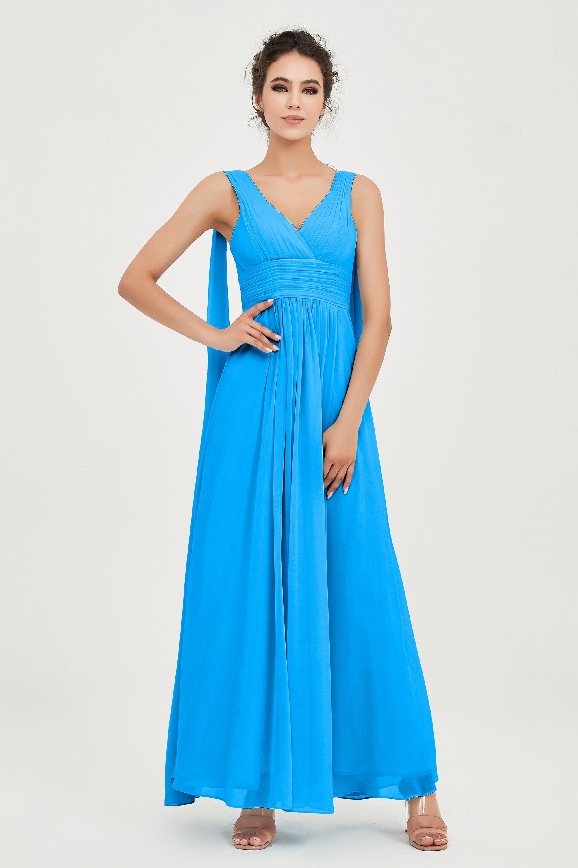V Neck Chiffon Bridesmaid Dresses Pleated Ruched A Line Formal Evening Dress Gowns