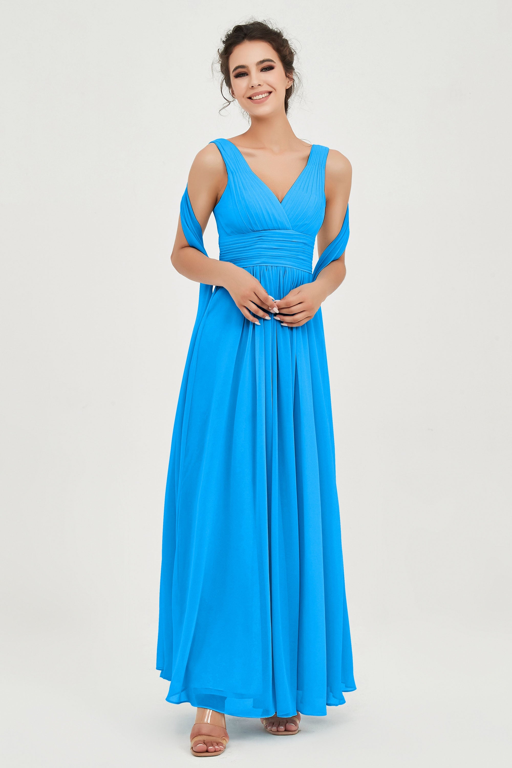 V Neck Chiffon Bridesmaid Dresses Pleated Ruched A Line Formal Evening Dress Gowns