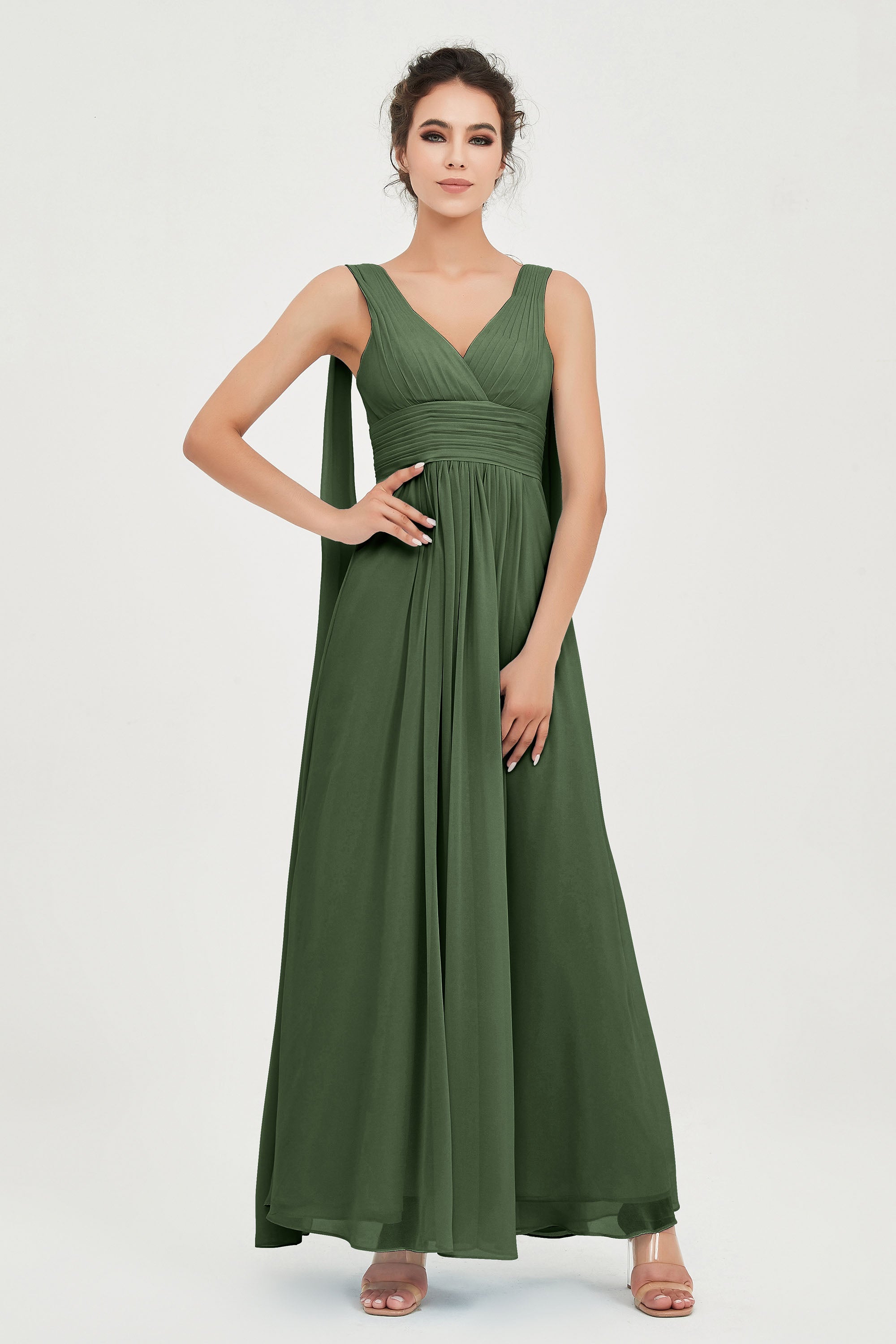 V Neck Chiffon Bridesmaid Dresses Pleated Ruched A Line Formal Evening Dress Gowns