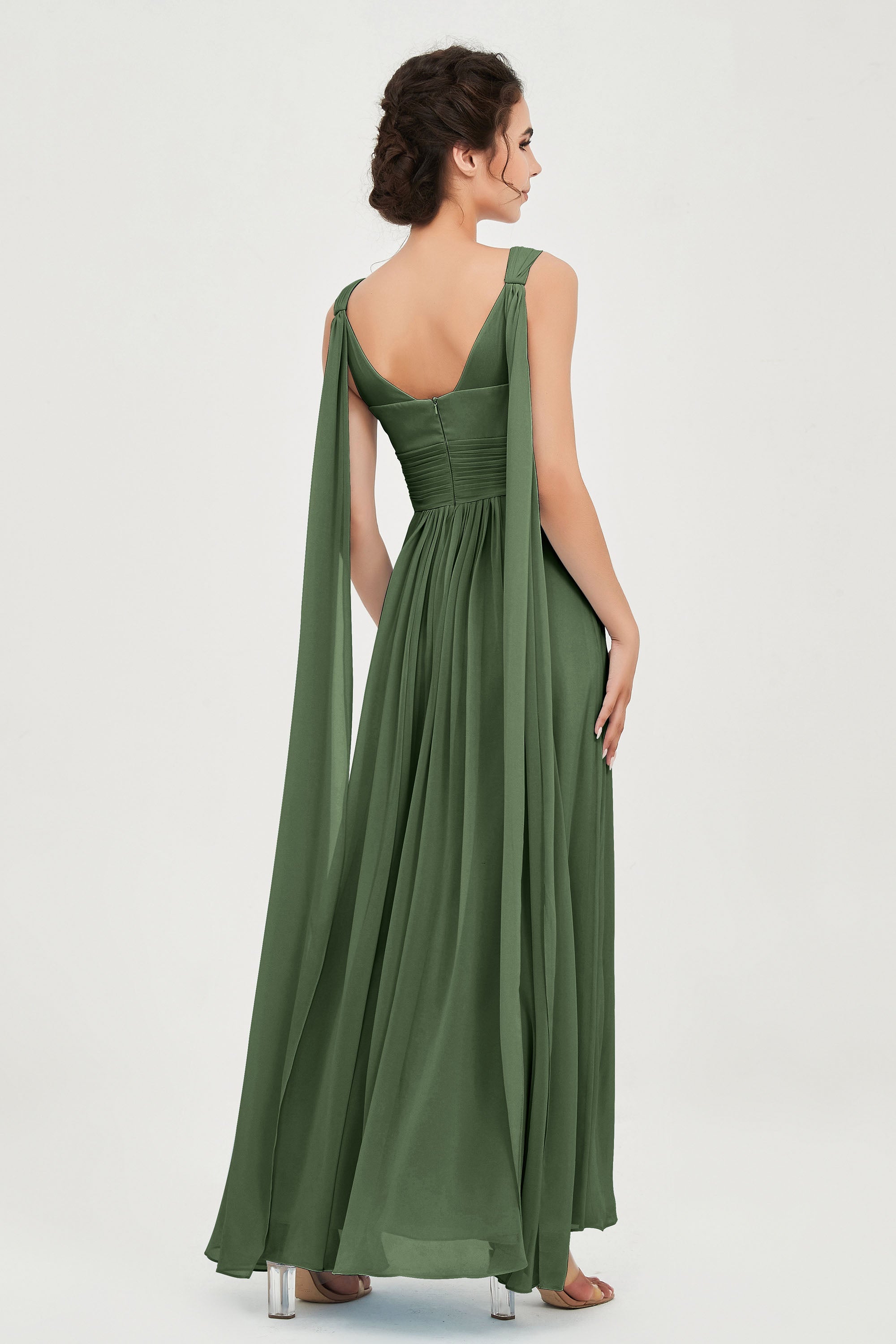 V Neck Chiffon Bridesmaid Dresses Pleated Ruched A Line Formal Evening Dress Gowns