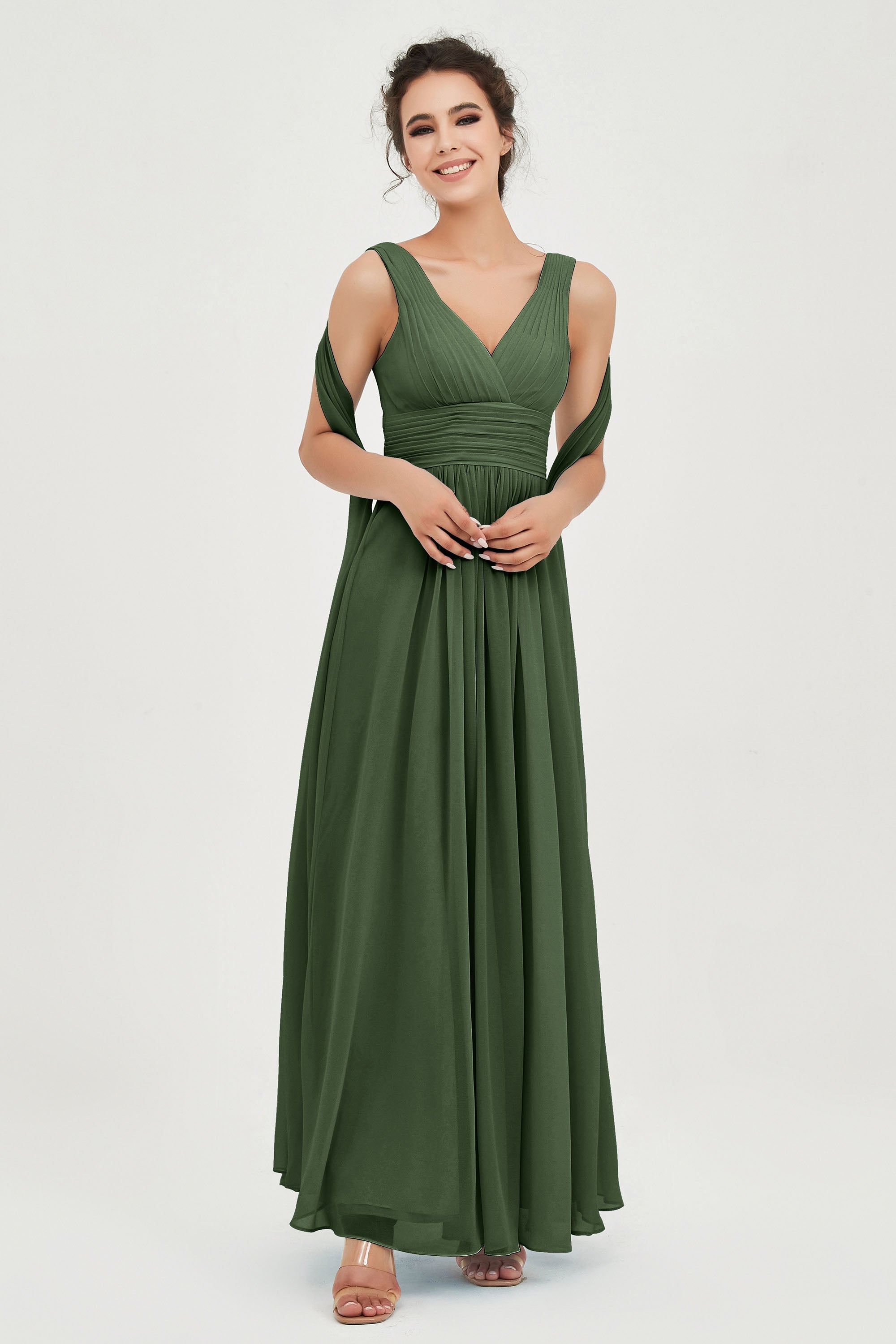 V Neck Chiffon Bridesmaid Dresses Pleated Ruched A Line Formal Evening Dress Gowns