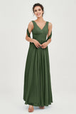 V Neck Chiffon Bridesmaid Dresses Pleated Ruched A Line Formal Evening Dress Gowns