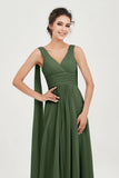 V Neck Chiffon Bridesmaid Dresses Pleated Ruched A Line Formal Evening Dress Gowns