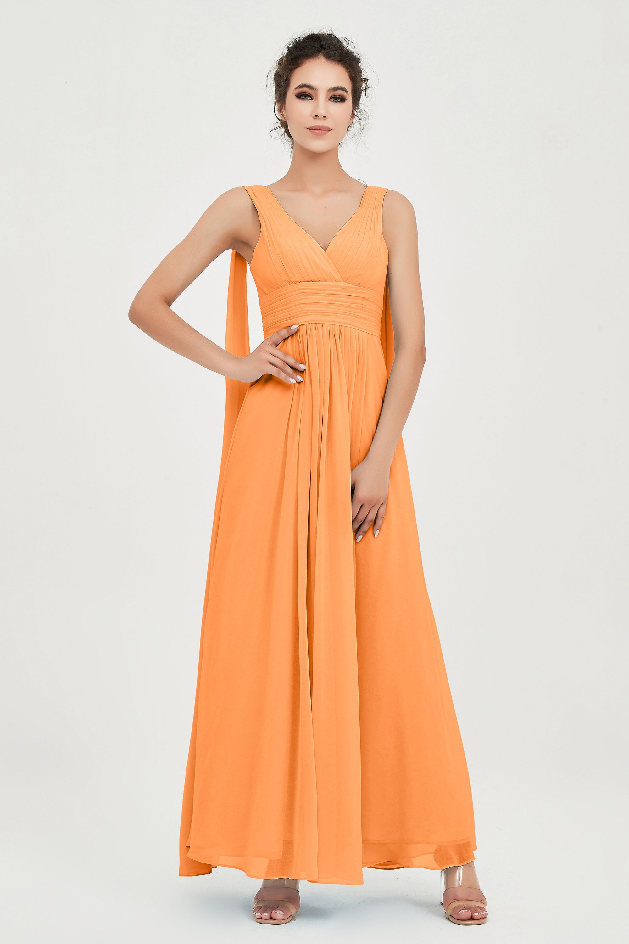V Neck Chiffon Bridesmaid Dresses Pleated Ruched A Line Formal Evening Dress Gowns