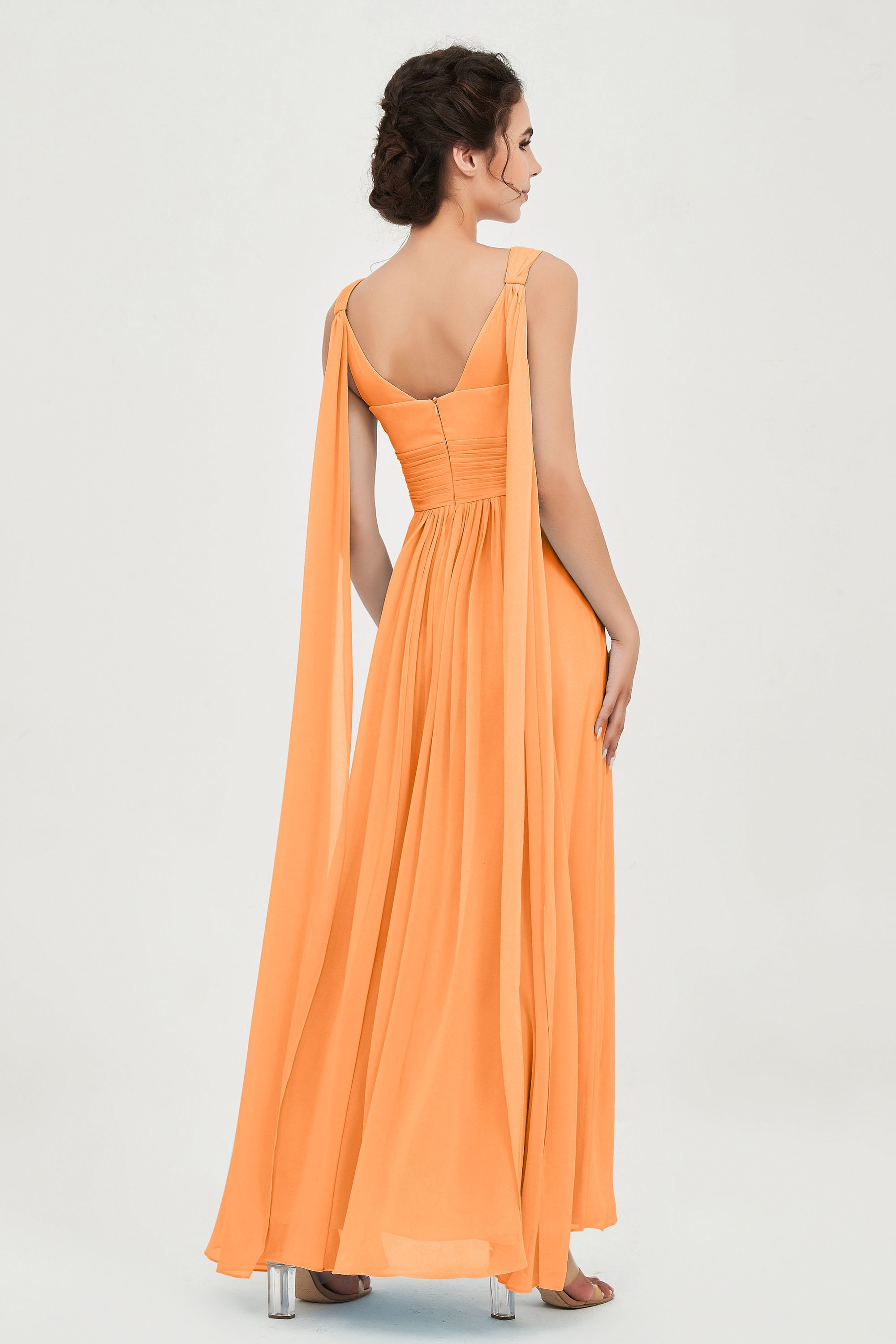 V Neck Chiffon Bridesmaid Dresses Pleated Ruched A Line Formal Evening Dress Gowns
