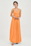 V Neck Chiffon Bridesmaid Dresses Pleated Ruched A Line Formal Evening Dress Gowns