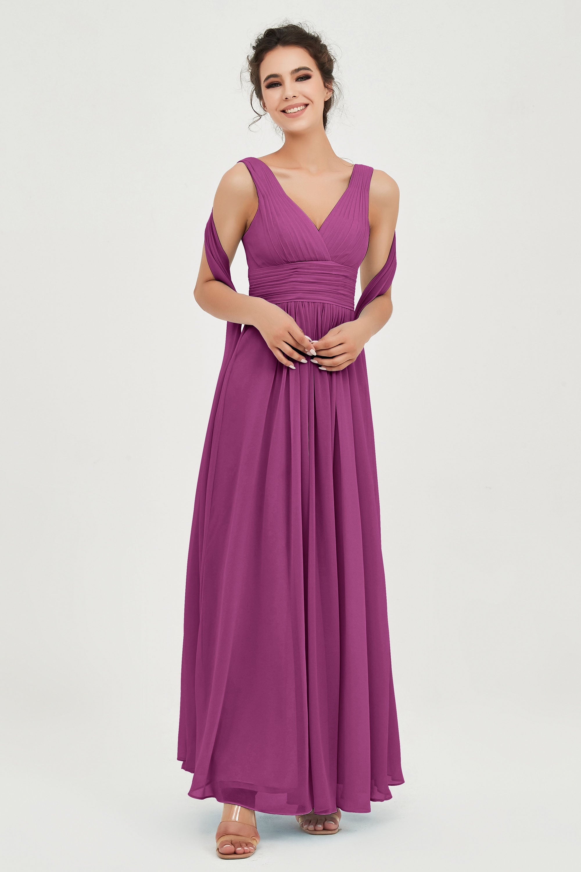 V Neck Chiffon Bridesmaid Dresses Pleated Ruched A Line Formal Evening Dress Gowns