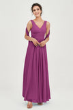 V Neck Chiffon Bridesmaid Dresses Pleated Ruched A Line Formal Evening Dress Gowns