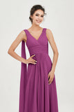 V Neck Chiffon Bridesmaid Dresses Pleated Ruched A Line Formal Evening Dress Gowns