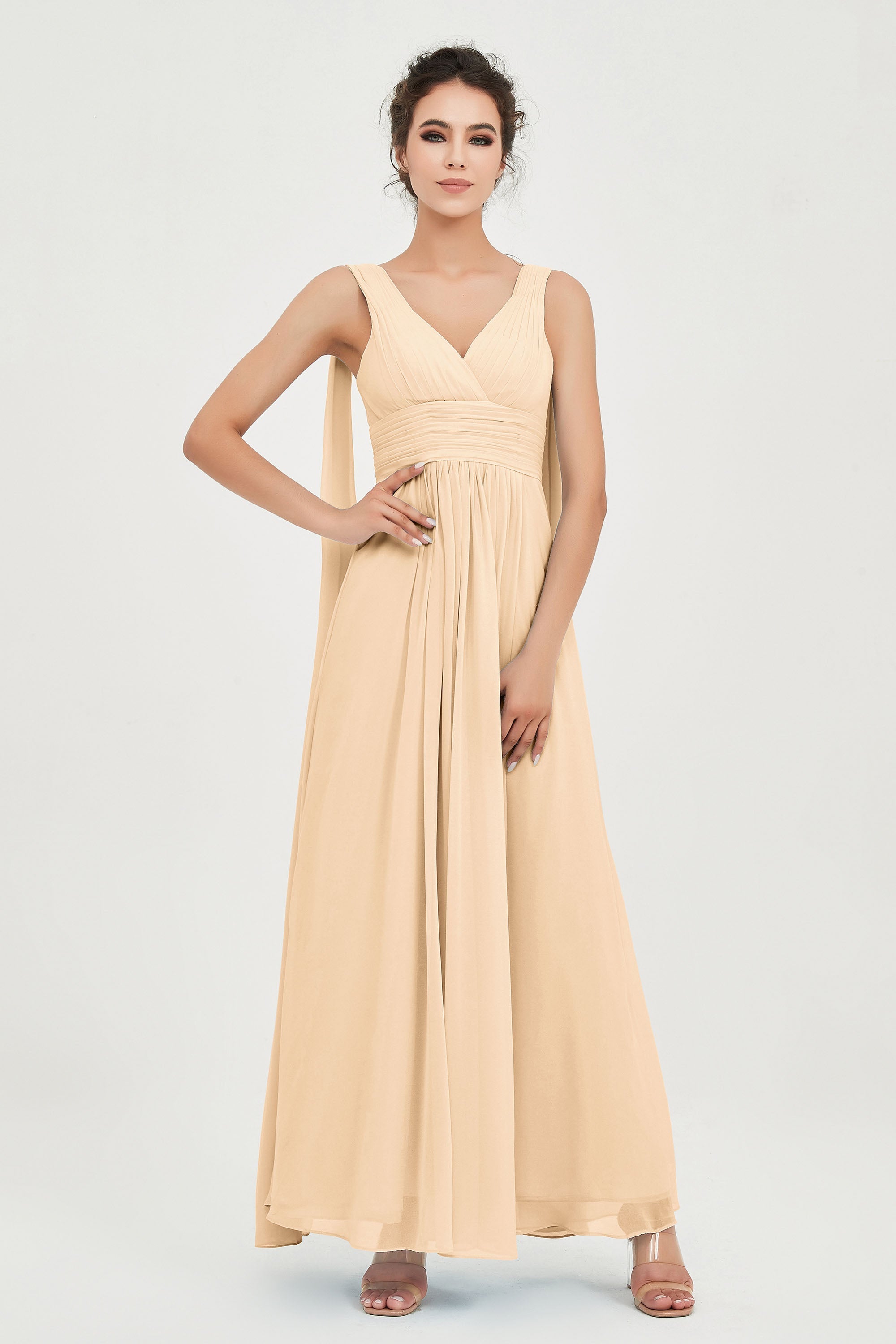 V Neck Chiffon Bridesmaid Dresses Pleated Ruched A Line Formal Evening Dress Gowns
