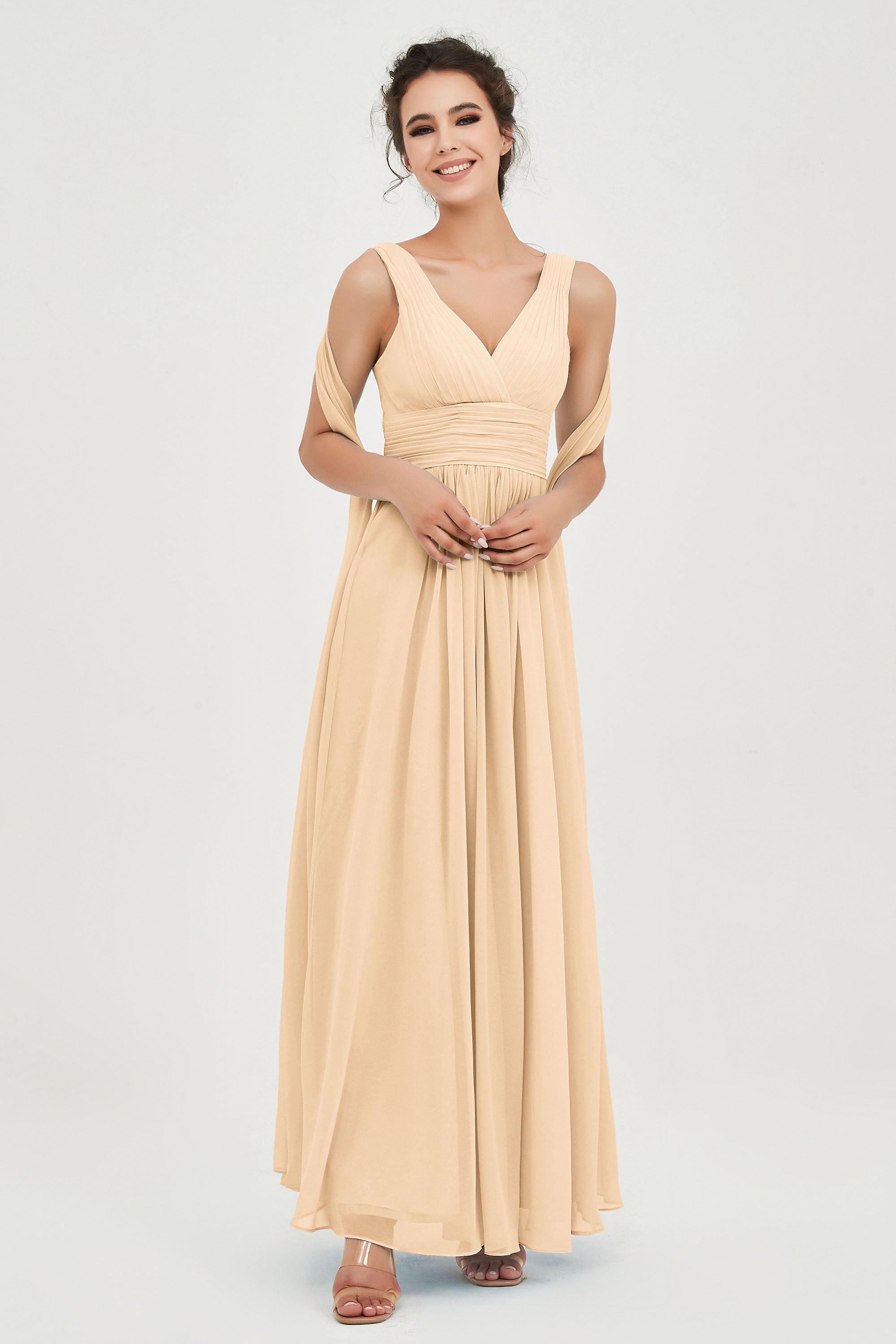 V Neck Chiffon Bridesmaid Dresses Pleated Ruched A Line Formal Evening Dress Gowns