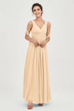 V Neck Chiffon Bridesmaid Dresses Pleated Ruched A Line Formal Evening Dress Gowns