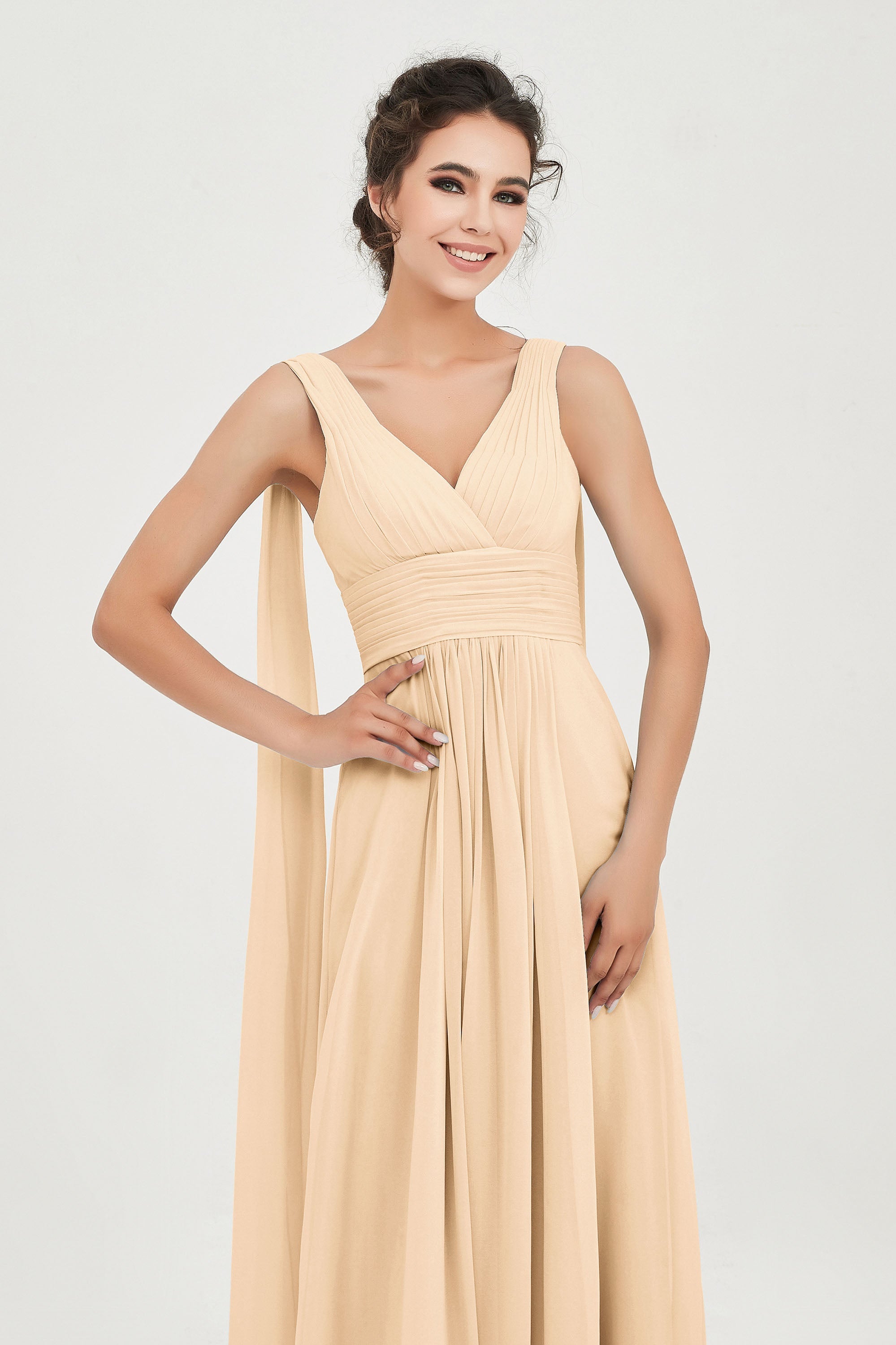 V Neck Chiffon Bridesmaid Dresses Pleated Ruched A Line Formal Evening Dress Gowns