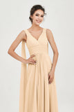 V Neck Chiffon Bridesmaid Dresses Pleated Ruched A Line Formal Evening Dress Gowns