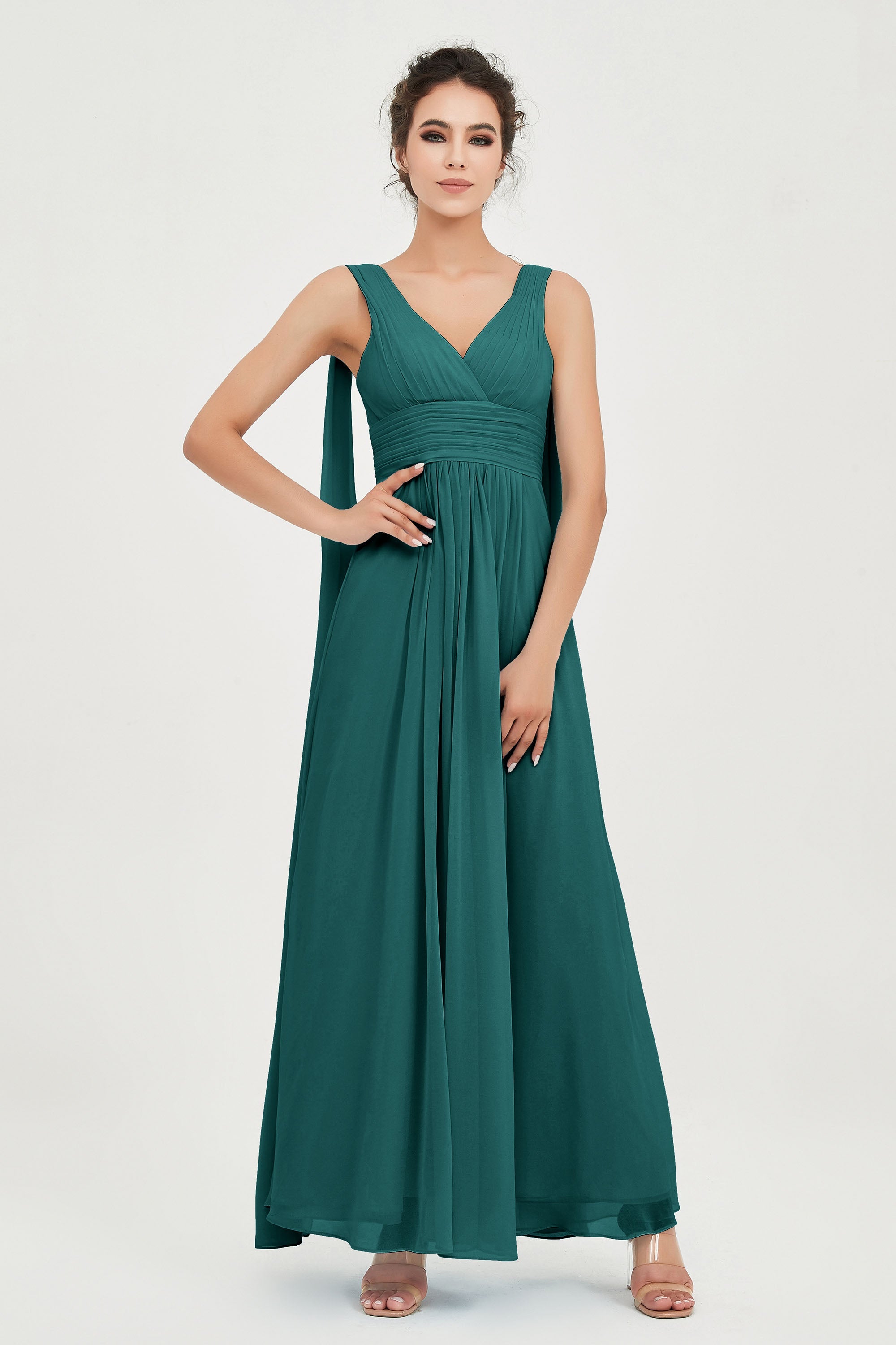 V Neck Chiffon Bridesmaid Dresses Pleated Ruched A Line Formal Evening Dress Gowns