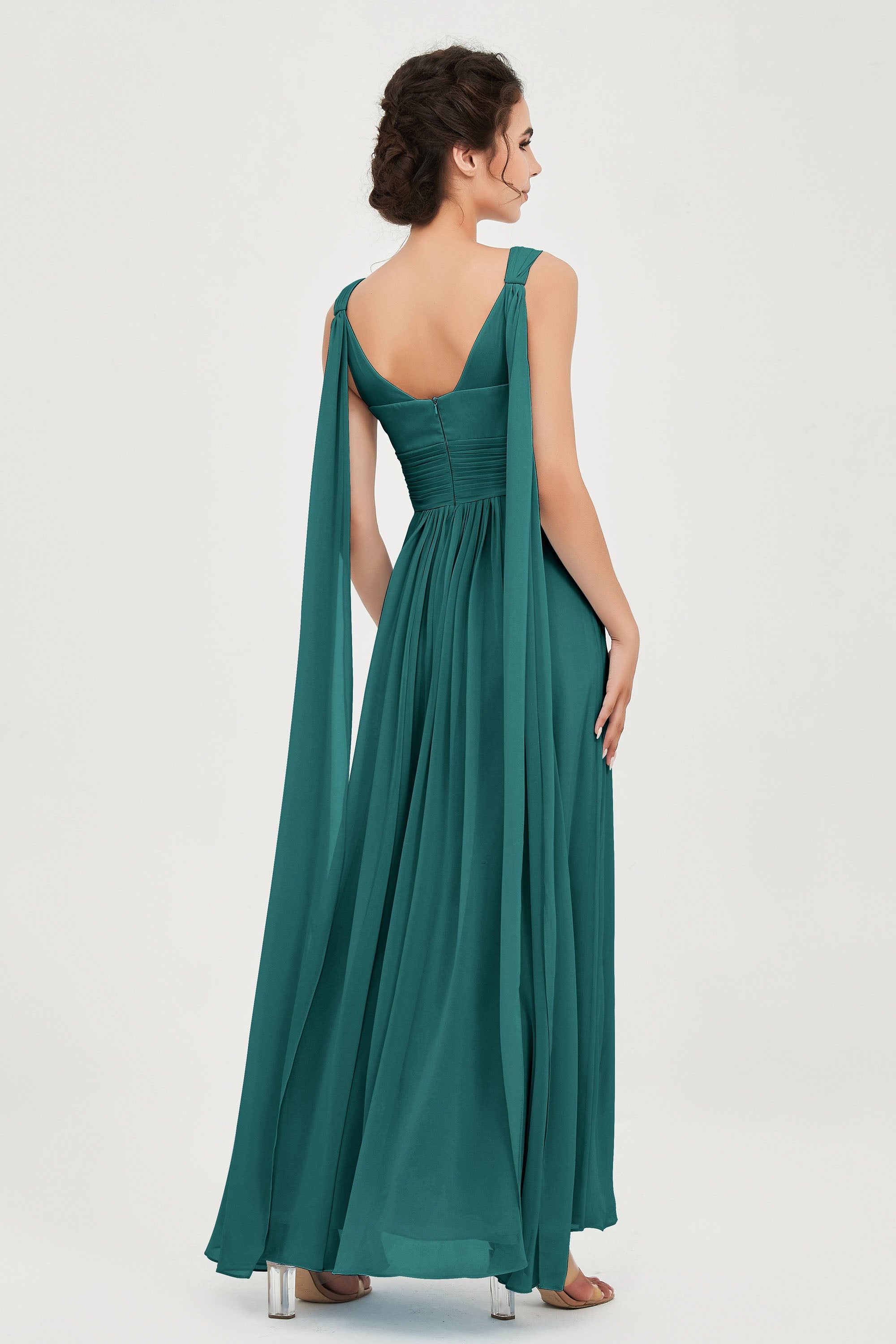 V Neck Chiffon Bridesmaid Dresses Pleated Ruched A Line Formal Evening Dress Gowns