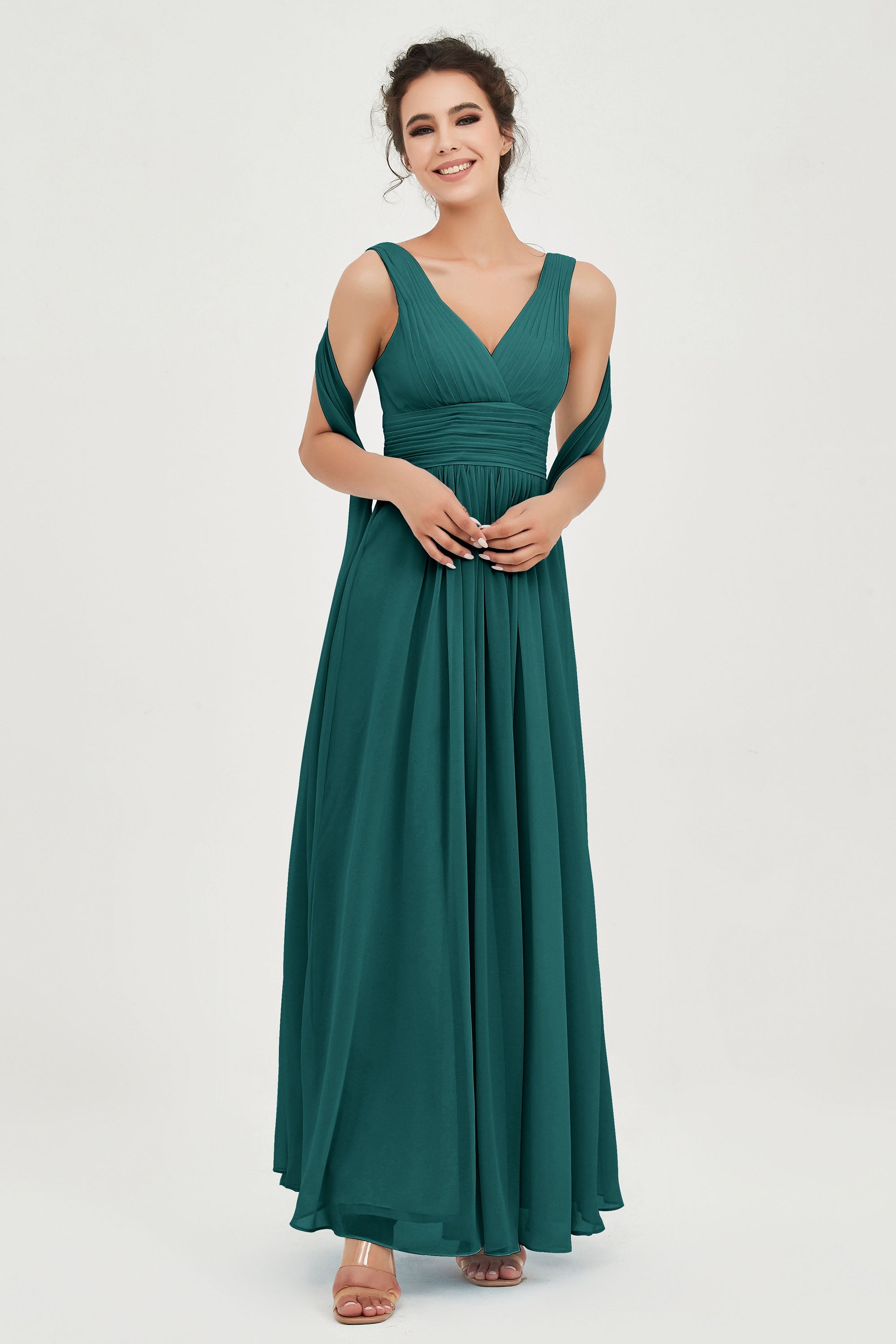 V Neck Chiffon Bridesmaid Dresses Pleated Ruched A Line Formal Evening Dress Gowns
