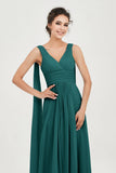 V Neck Chiffon Bridesmaid Dresses Pleated Ruched A Line Formal Evening Dress Gowns