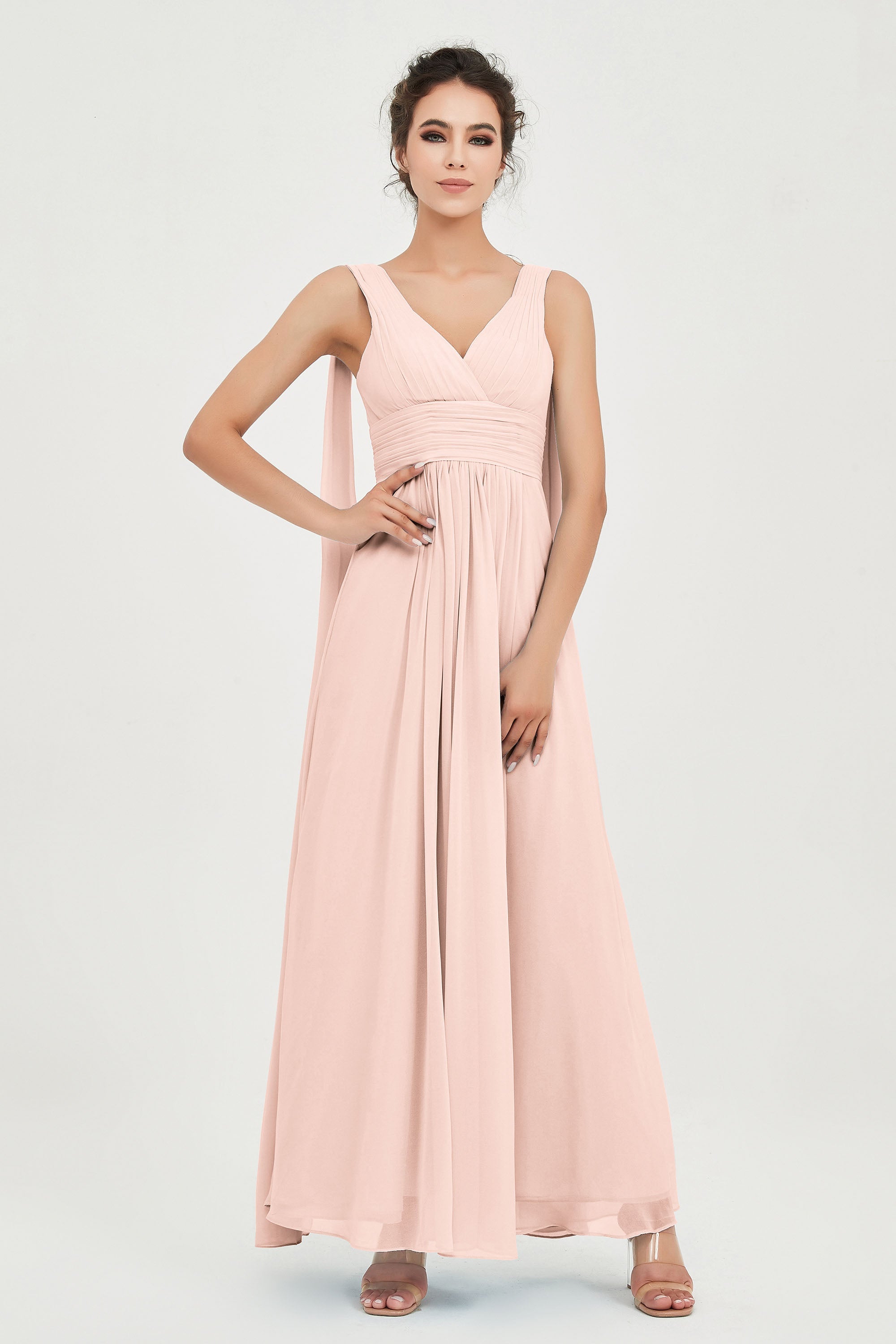 V Neck Chiffon Bridesmaid Dresses Pleated Ruched A Line Formal Evening Dress Gowns