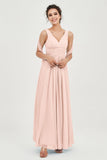 V Neck Chiffon Bridesmaid Dresses Pleated Ruched A Line Formal Evening Dress Gowns