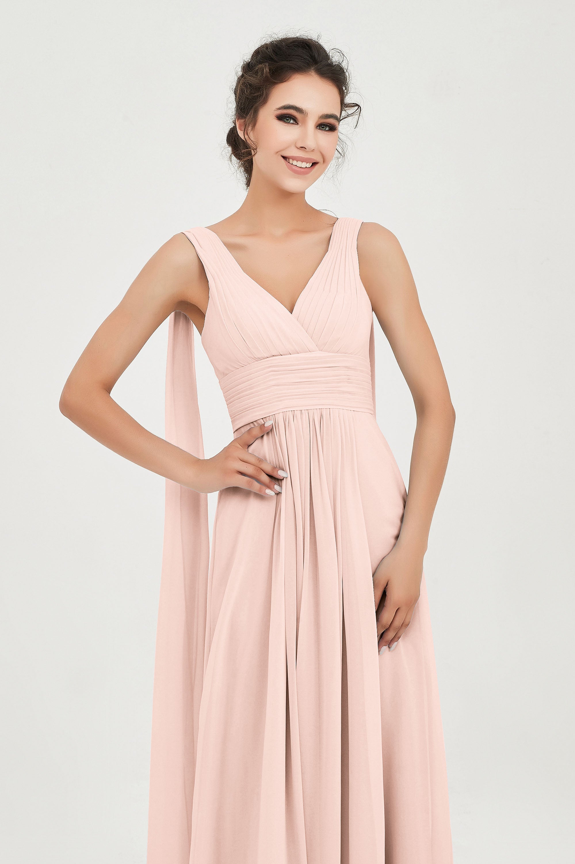 V Neck Chiffon Bridesmaid Dresses Pleated Ruched A Line Formal Evening Dress Gowns