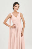 V Neck Chiffon Bridesmaid Dresses Pleated Ruched A Line Formal Evening Dress Gowns