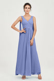 V Neck Chiffon Bridesmaid Dresses Pleated Ruched A Line Formal Evening Dress Gowns