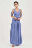 V Neck Chiffon Bridesmaid Dresses Pleated Ruched A Line Formal Evening Dress Gowns