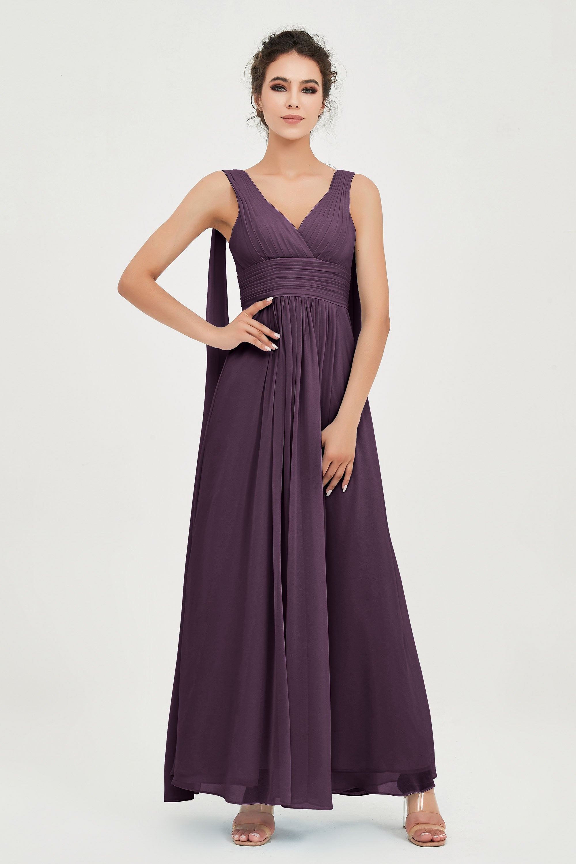 V Neck Chiffon Bridesmaid Dresses Pleated Ruched A Line Formal Evening Dress Gowns