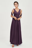 V Neck Chiffon Bridesmaid Dresses Pleated Ruched A Line Formal Evening Dress Gowns