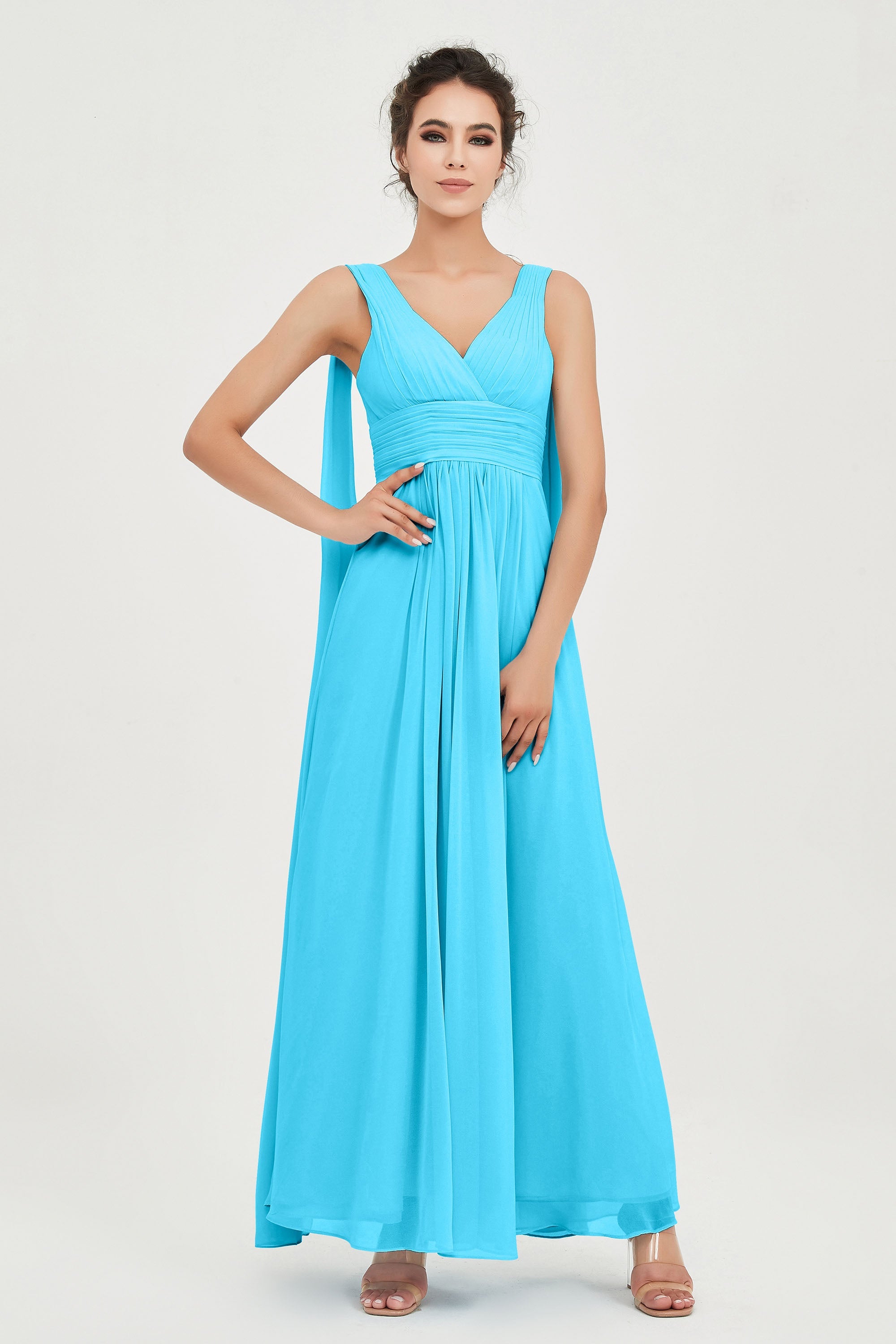 V Neck Chiffon Bridesmaid Dresses Pleated Ruched A Line Formal Evening Dress Gowns