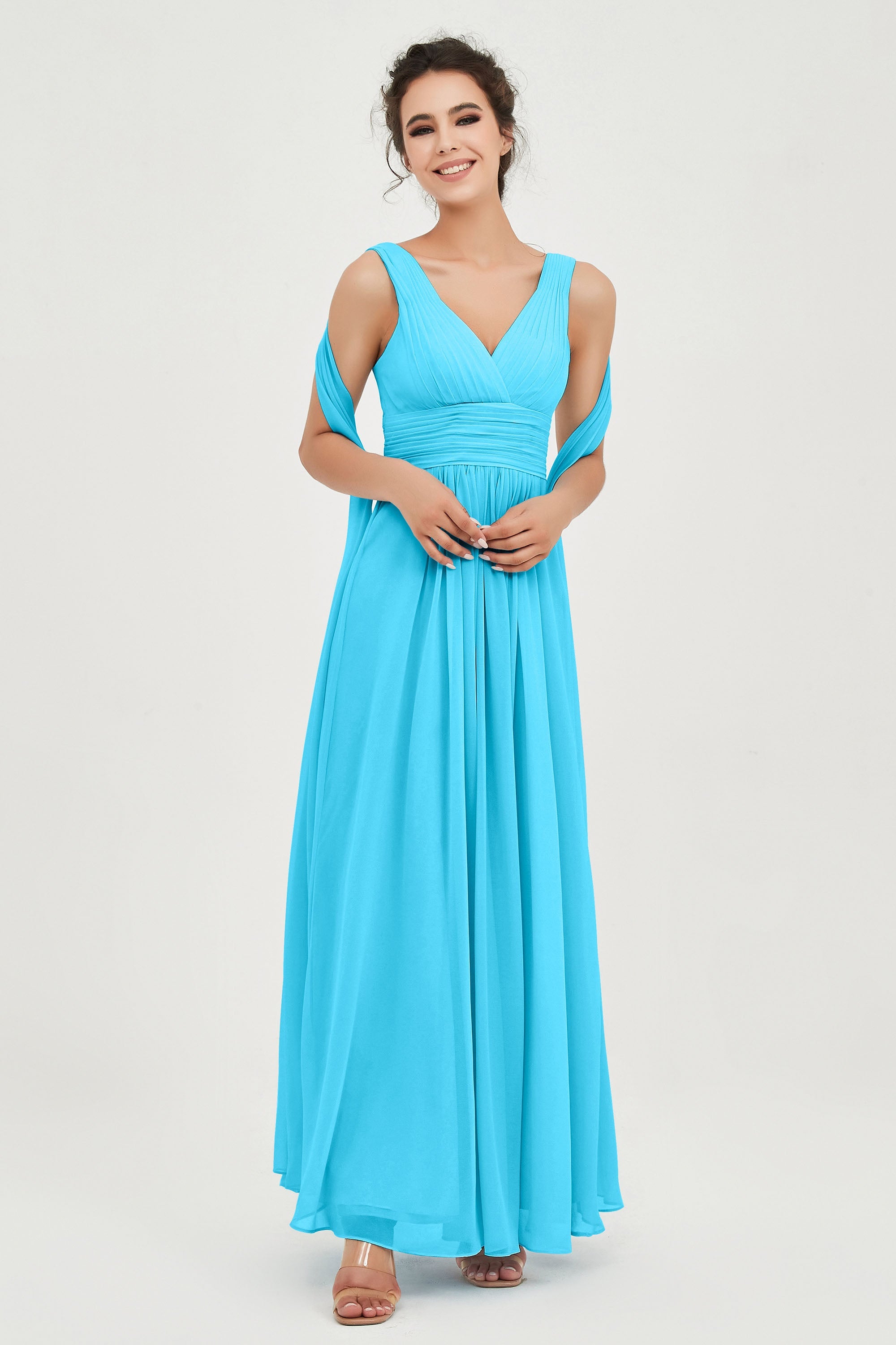 V Neck Chiffon Bridesmaid Dresses Pleated Ruched A Line Formal Evening Dress Gowns