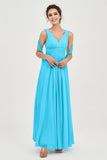 V Neck Chiffon Bridesmaid Dresses Pleated Ruched A Line Formal Evening Dress Gowns