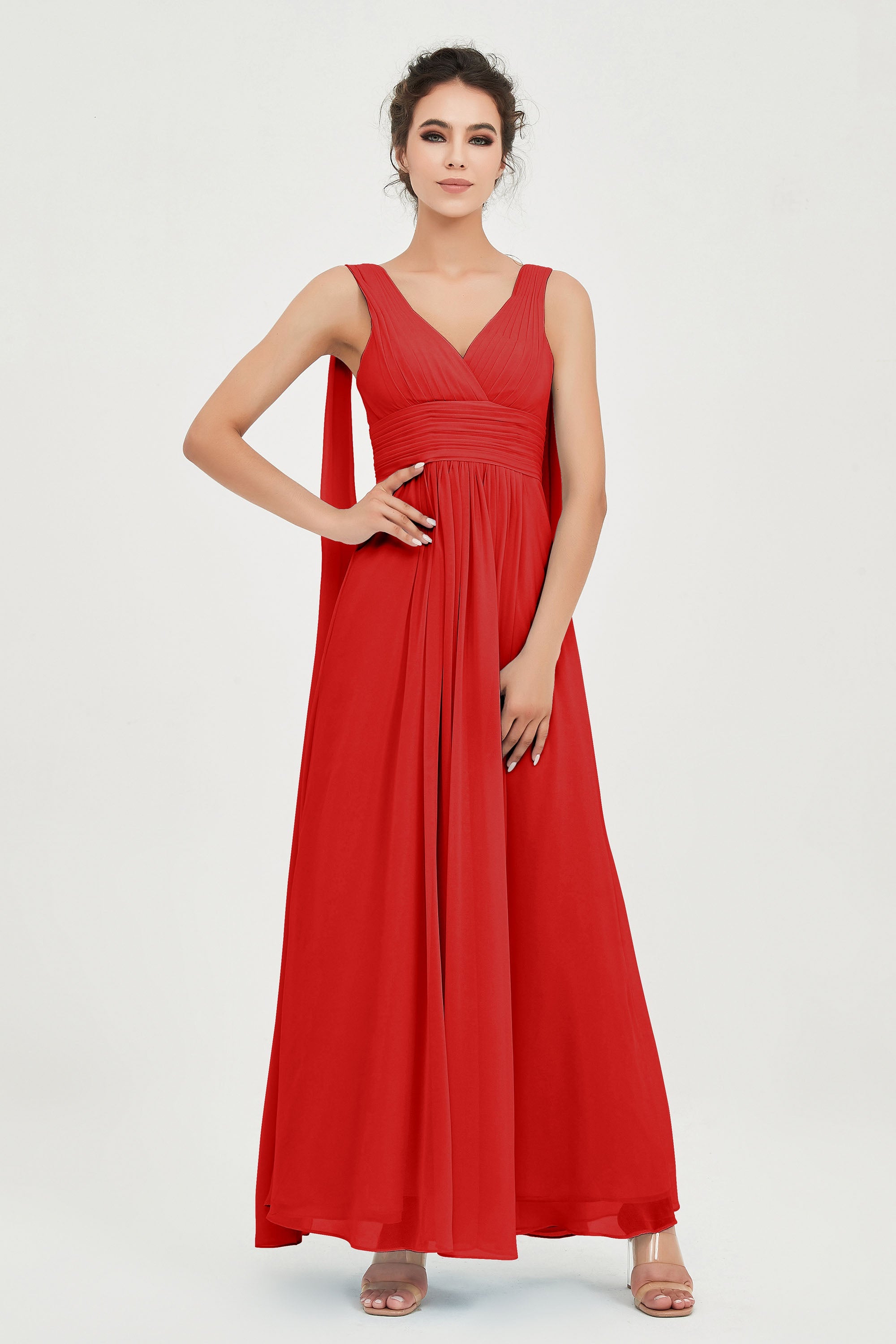 V Neck Chiffon Bridesmaid Dresses Pleated Ruched A Line Formal Evening Dress Gowns