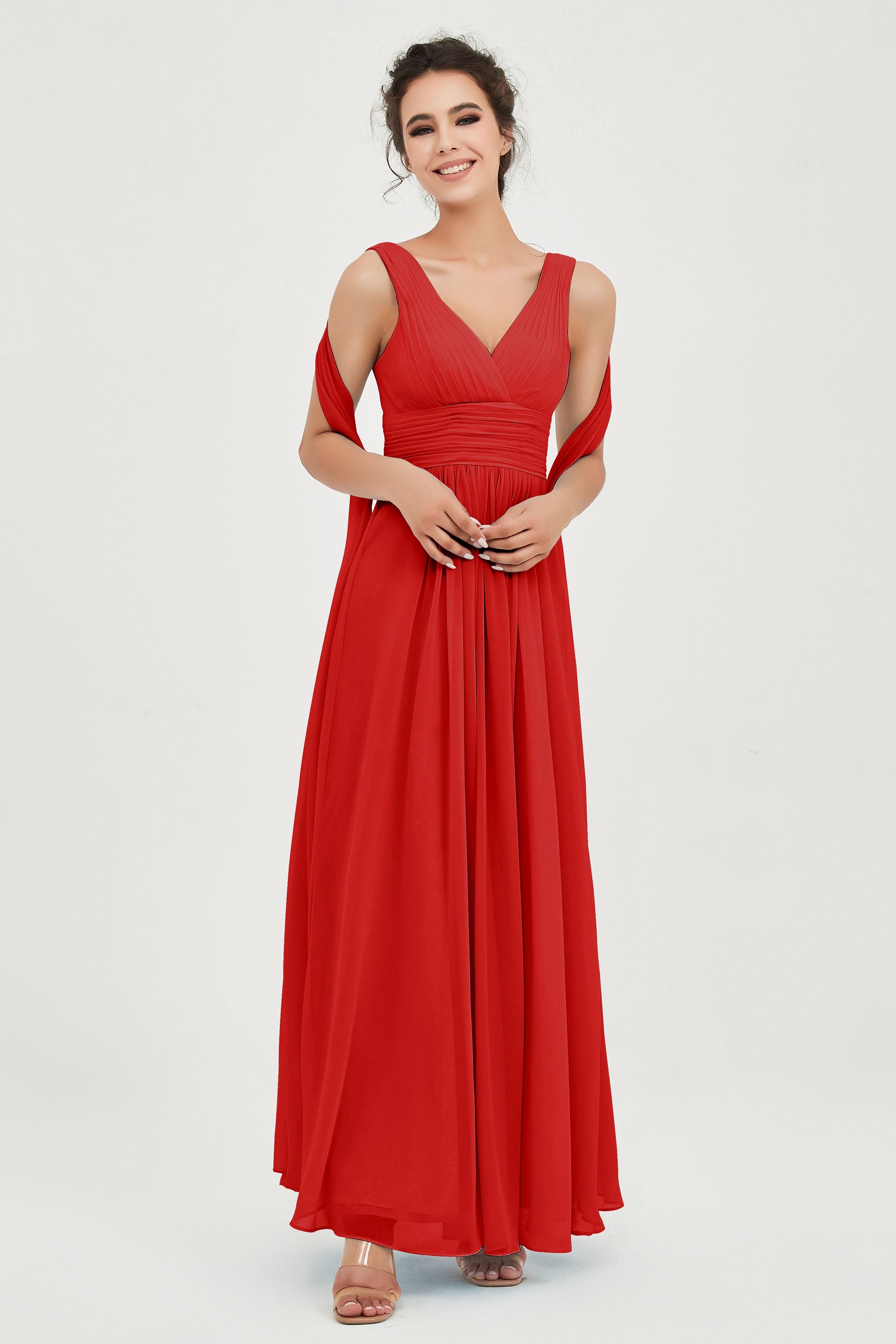 V Neck Chiffon Bridesmaid Dresses Pleated Ruched A Line Formal Evening Dress Gowns