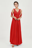 V Neck Chiffon Bridesmaid Dresses Pleated Ruched A Line Formal Evening Dress Gowns