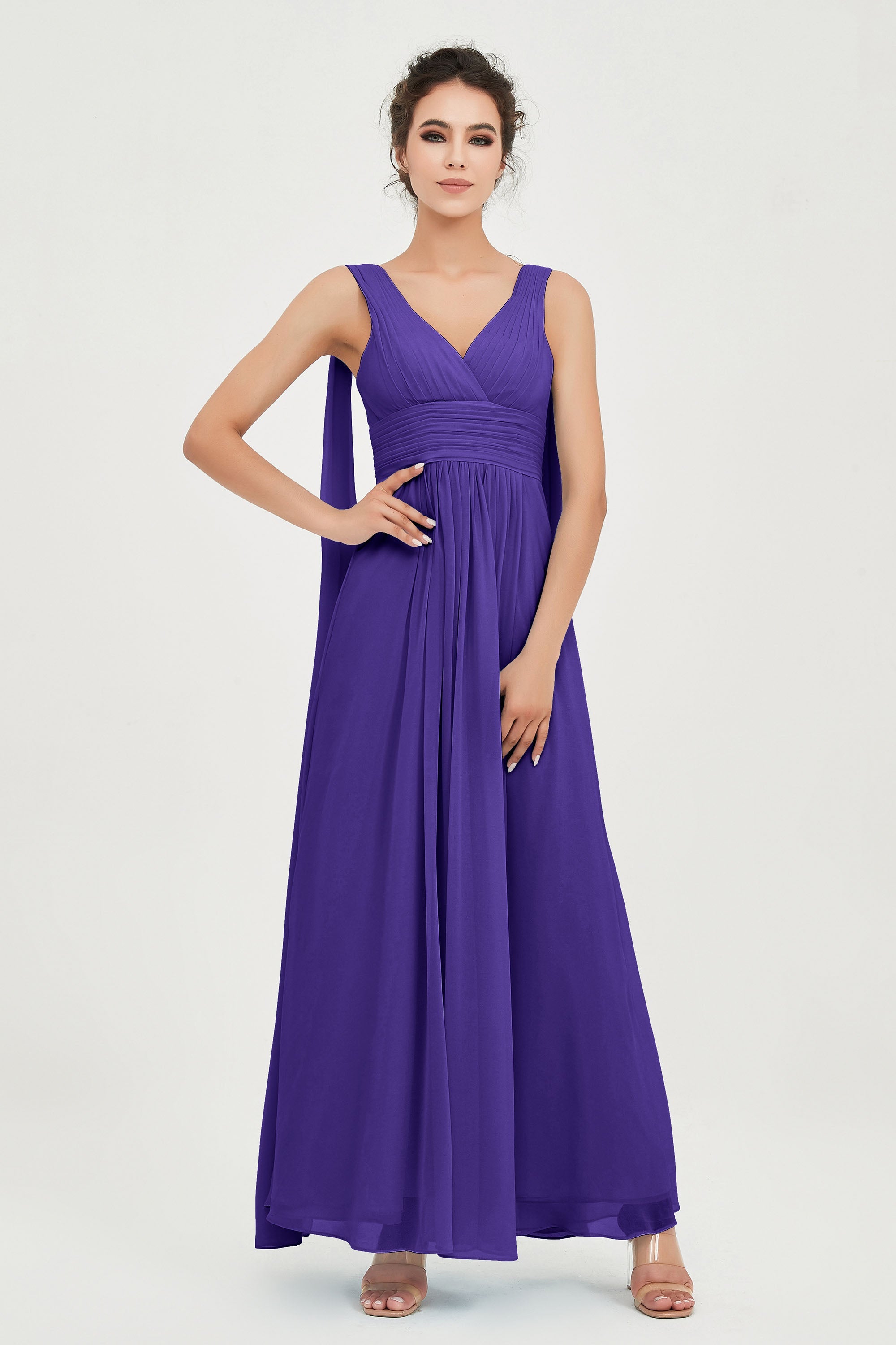 V Neck Chiffon Bridesmaid Dresses Pleated Ruched A Line Formal Evening Dress Gowns