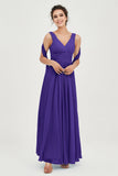 V Neck Chiffon Bridesmaid Dresses Pleated Ruched A Line Formal Evening Dress Gowns