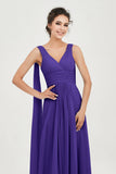 V Neck Chiffon Bridesmaid Dresses Pleated Ruched A Line Formal Evening Dress Gowns