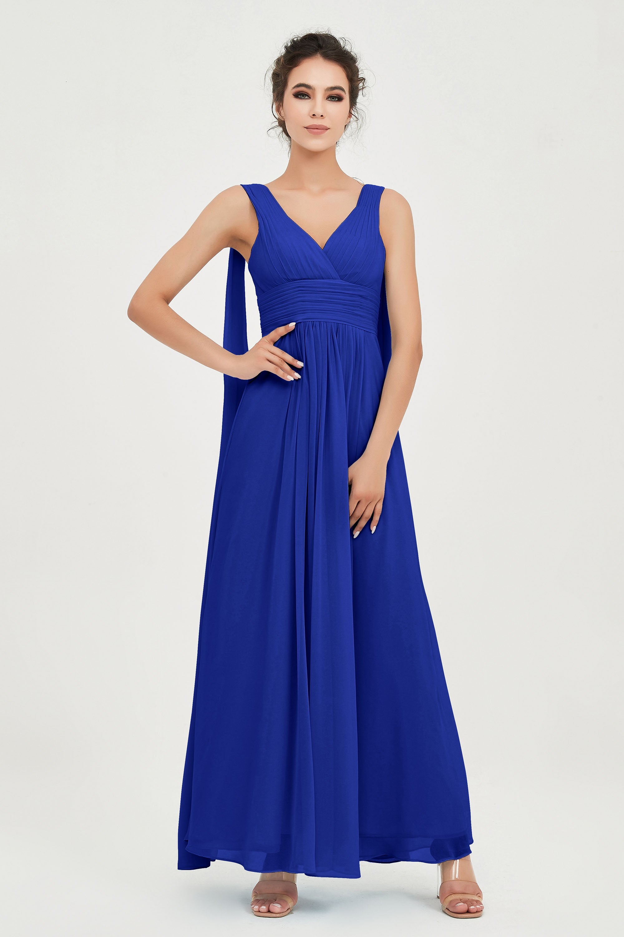 V Neck Chiffon Bridesmaid Dresses Pleated Ruched A Line Formal Evening Dress Gowns