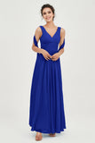 V Neck Chiffon Bridesmaid Dresses Pleated Ruched A Line Formal Evening Dress Gowns