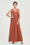V Neck Chiffon Bridesmaid Dresses Pleated Ruched A Line Formal Evening Dress Gowns