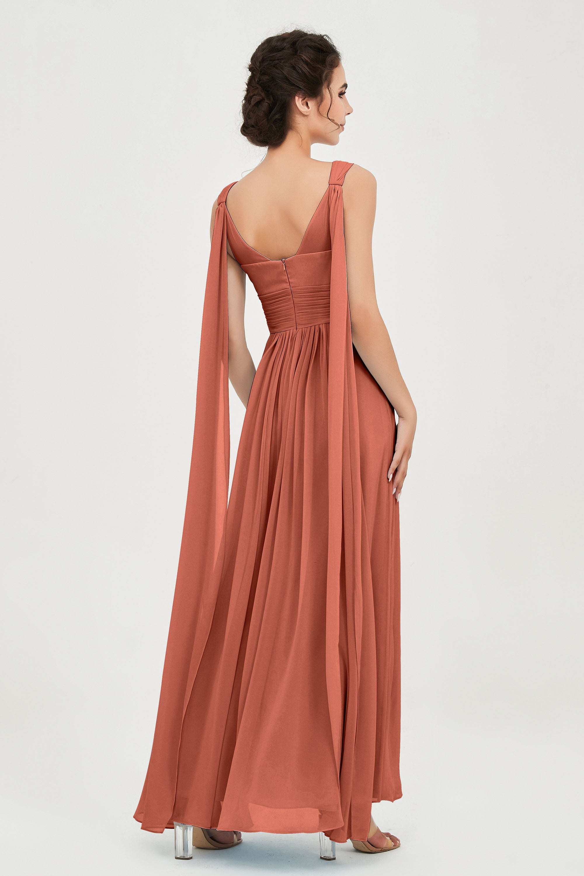V Neck Chiffon Bridesmaid Dresses Pleated Ruched A Line Formal Evening Dress Gowns