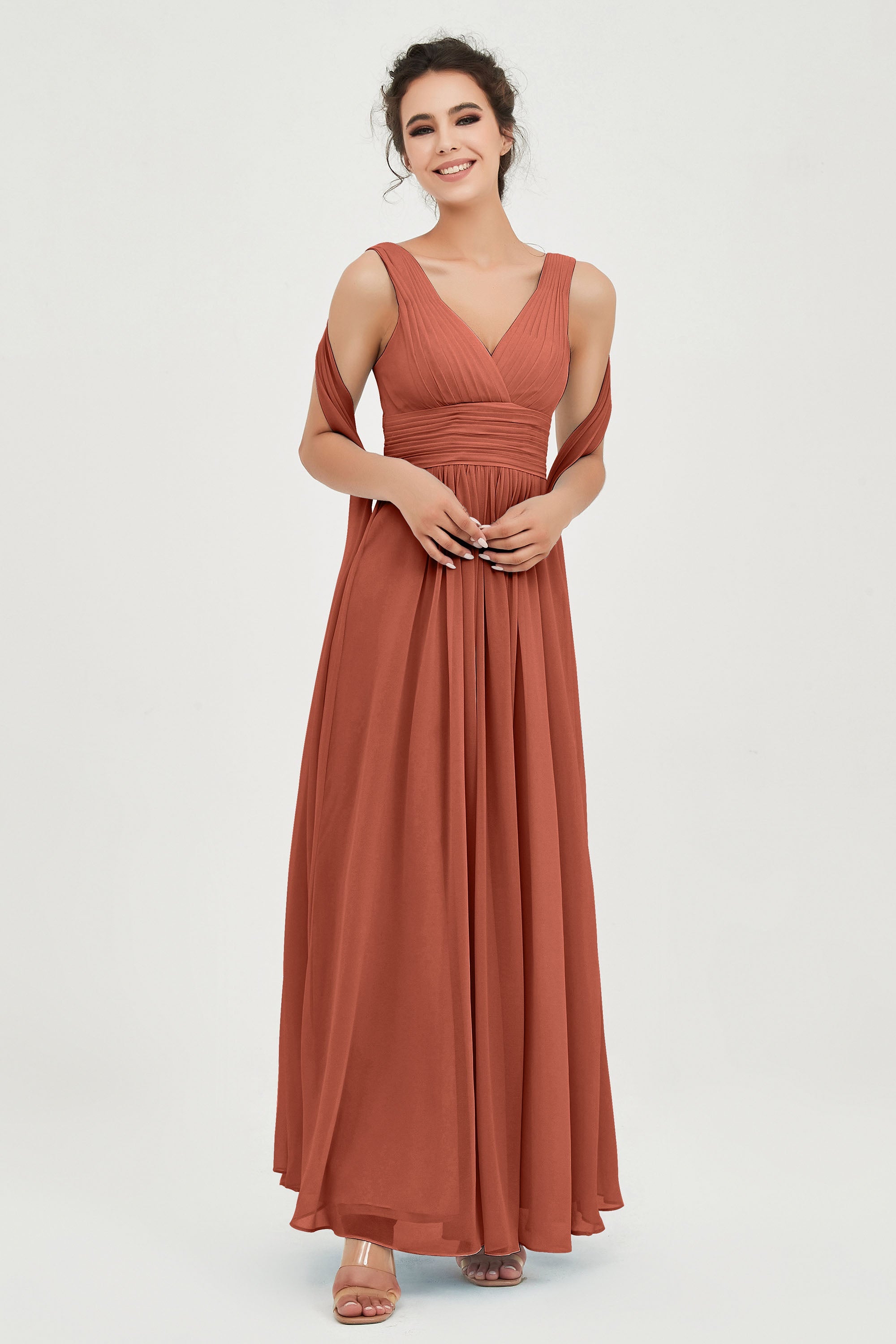 V Neck Chiffon Bridesmaid Dresses Pleated Ruched A Line Formal Evening Dress Gowns
