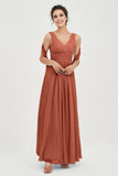 V Neck Chiffon Bridesmaid Dresses Pleated Ruched A Line Formal Evening Dress Gowns