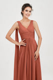 V Neck Chiffon Bridesmaid Dresses Pleated Ruched A Line Formal Evening Dress Gowns