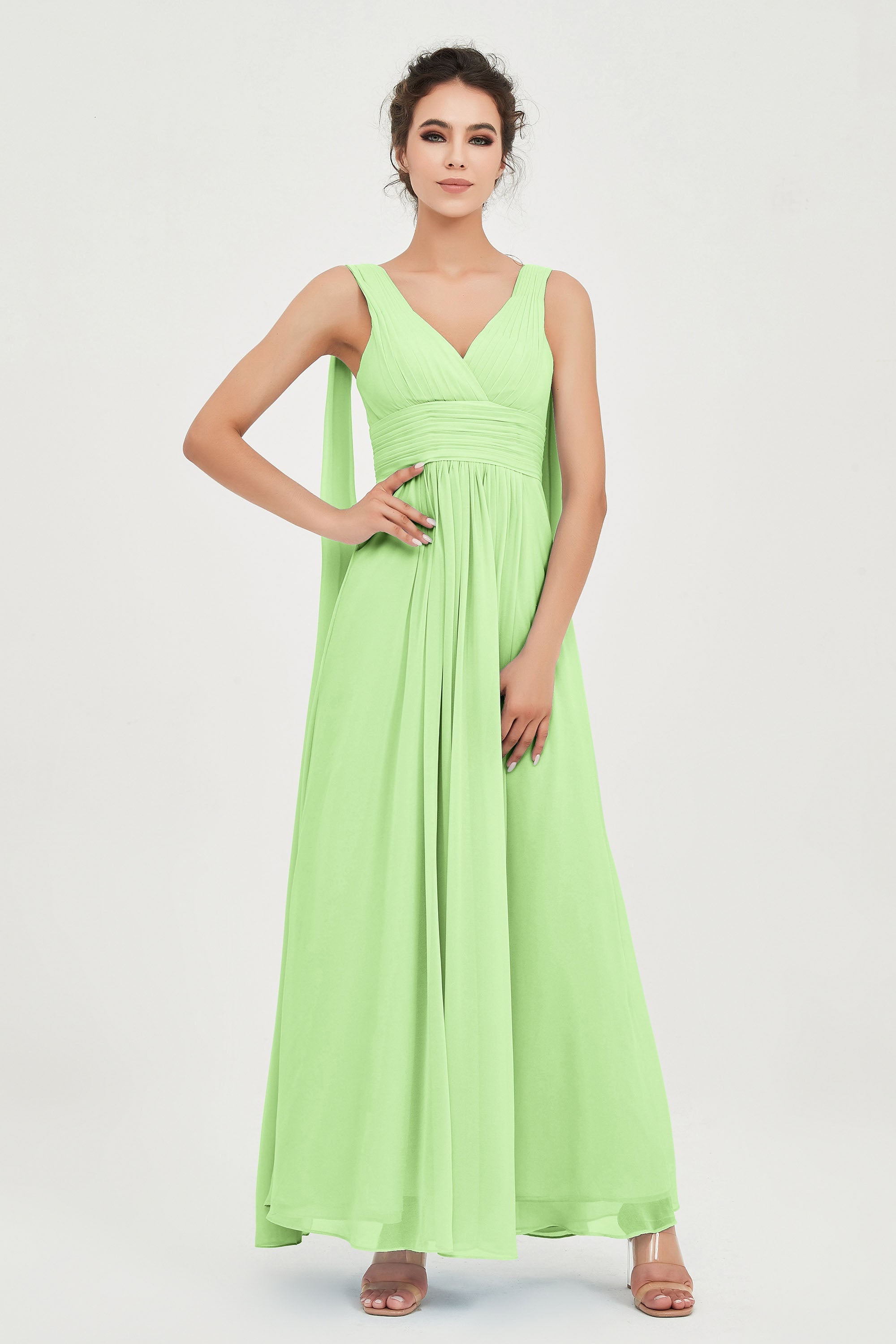 V Neck Chiffon Bridesmaid Dresses Pleated Ruched A Line Formal Evening Dress Gowns
