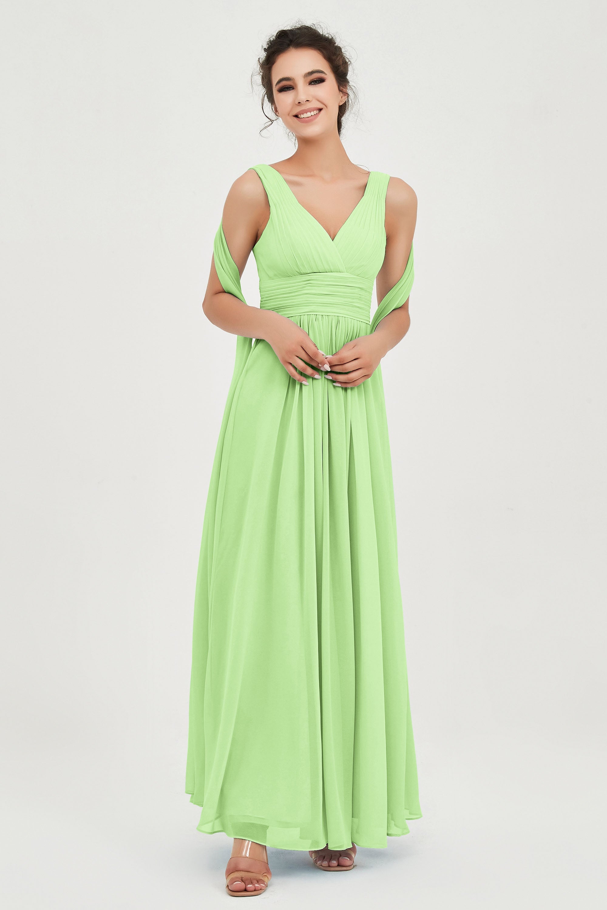 V Neck Chiffon Bridesmaid Dresses Pleated Ruched A Line Formal Evening Dress Gowns